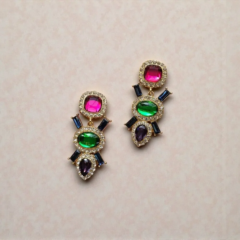 Multi-Color Jeweled Gem Statement Dangle Earrings – Gold Tone Rhinestone Drops